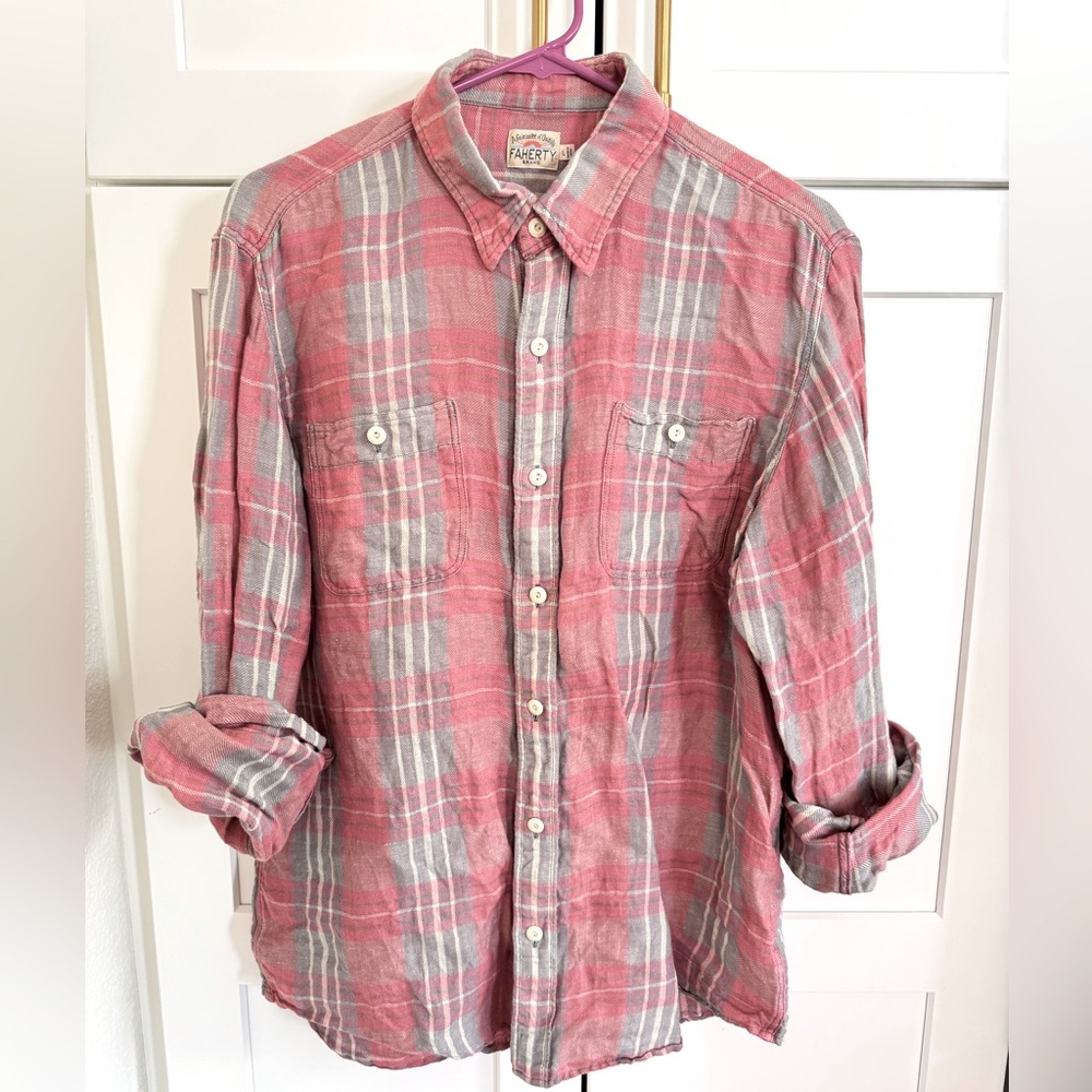 Men’s Faherty Linen/Cotton Plaid Button Shirt. Pink/Gray. Size Large